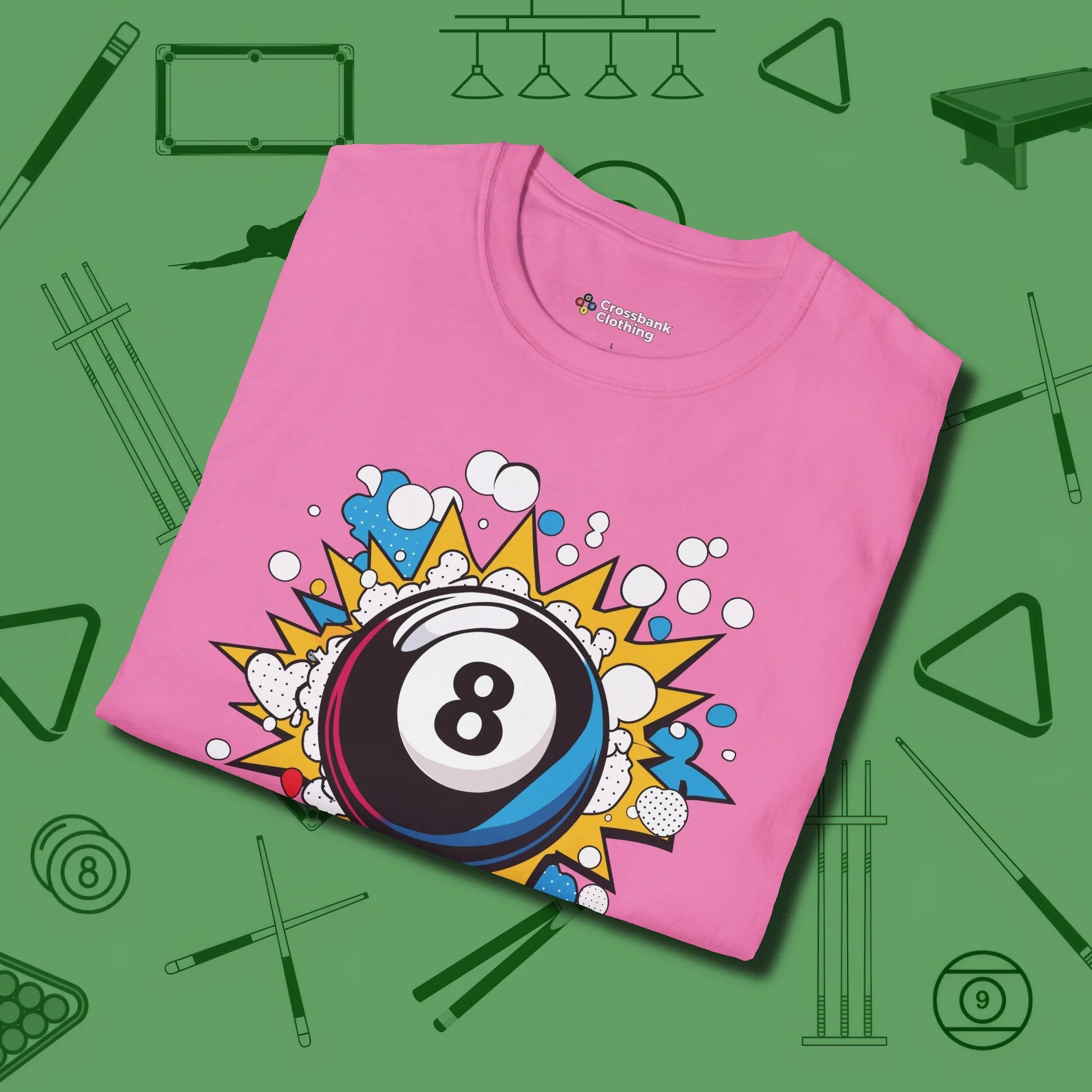Eight Ball Pop Art T-Shirt, folded view, in Azalea from chalk to clutch, look the part