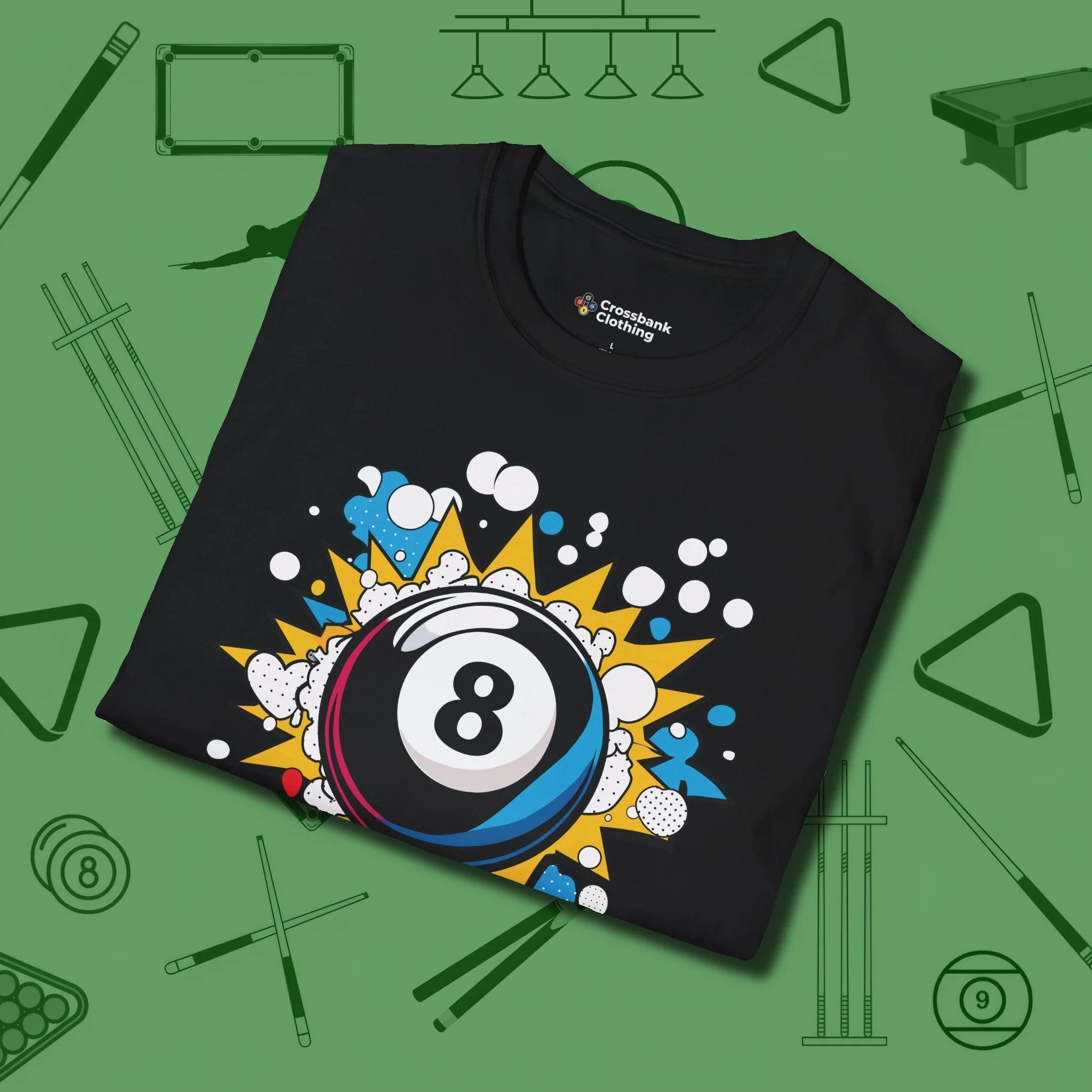 Eight Ball Pop Art T-Shirt, folded view, in Black what champions wear between racks