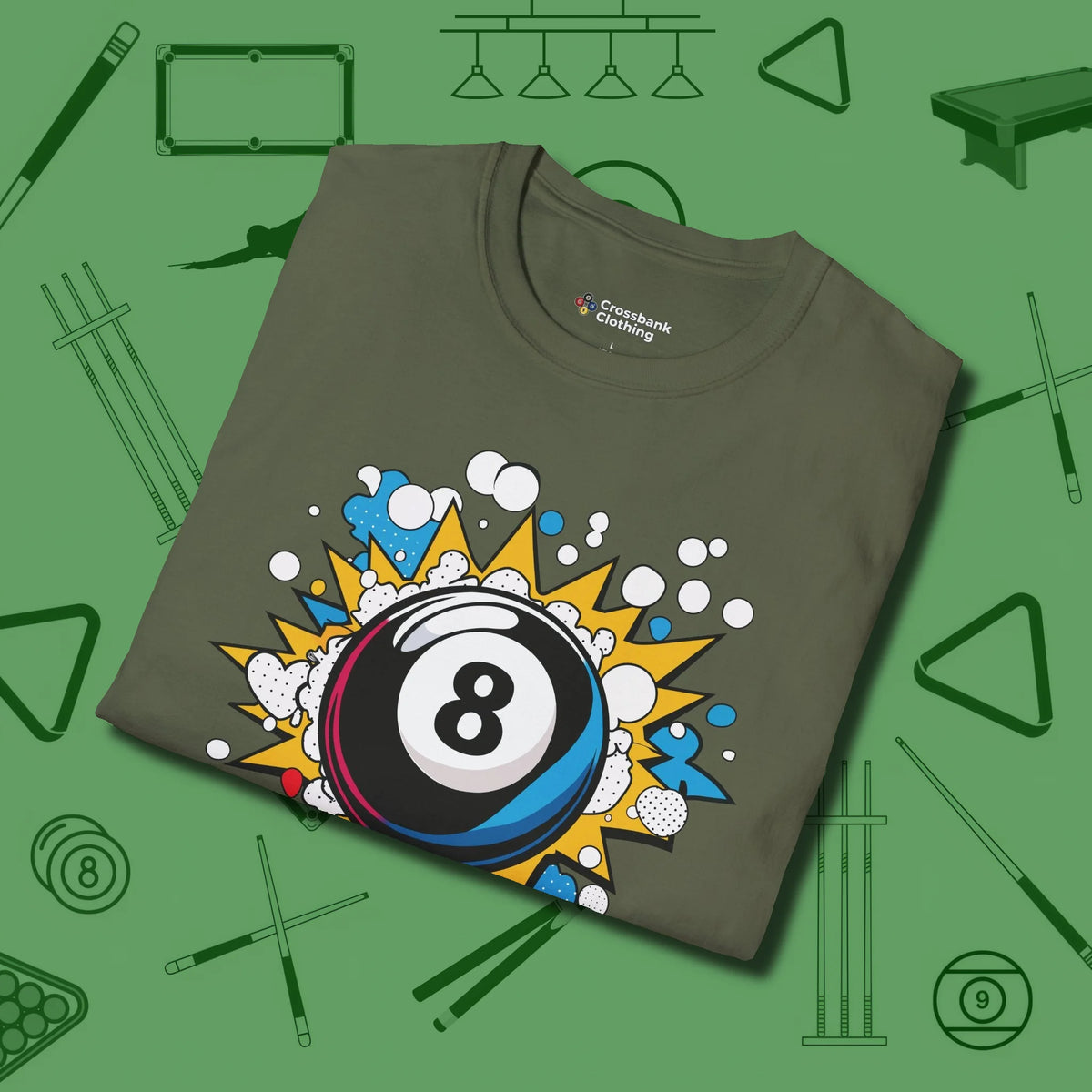 Eight Ball Pop Art T-Shirt, folded view, in Military Green cue sports swagger done right