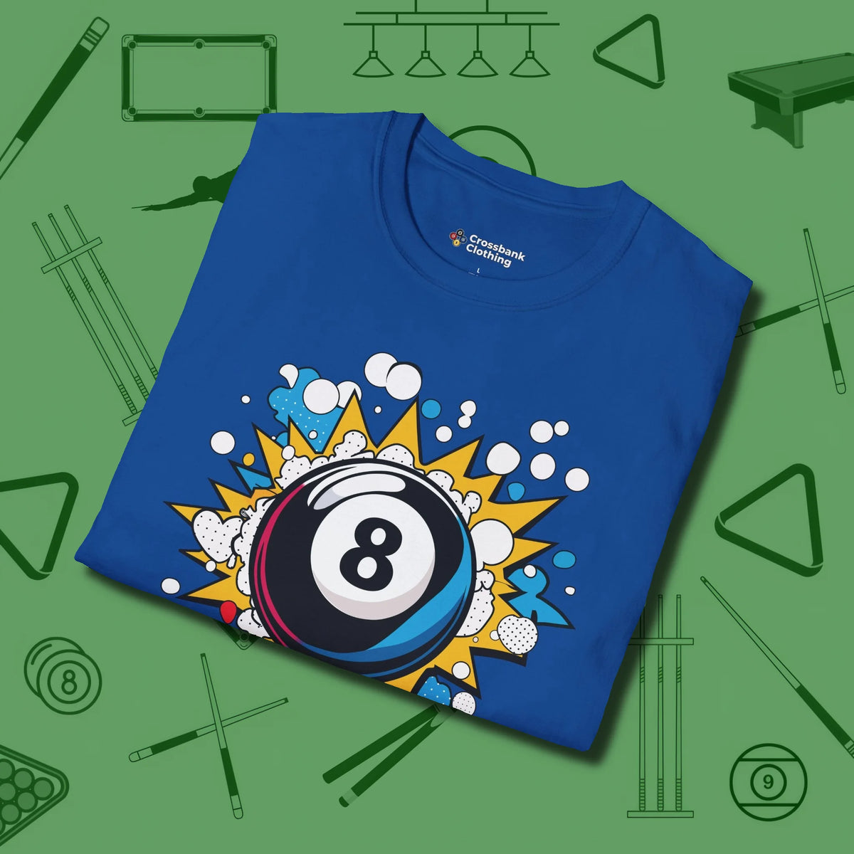 Eight Ball Pop Art T-Shirt, folded view, in Royal like your stroke — smooth and deliberate