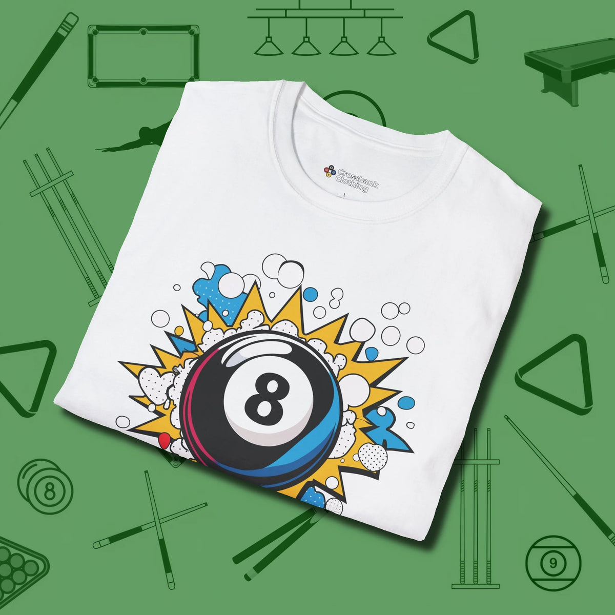 Eight Ball Pop Art T-Shirt, folded view, in White table-tested, street-approved style