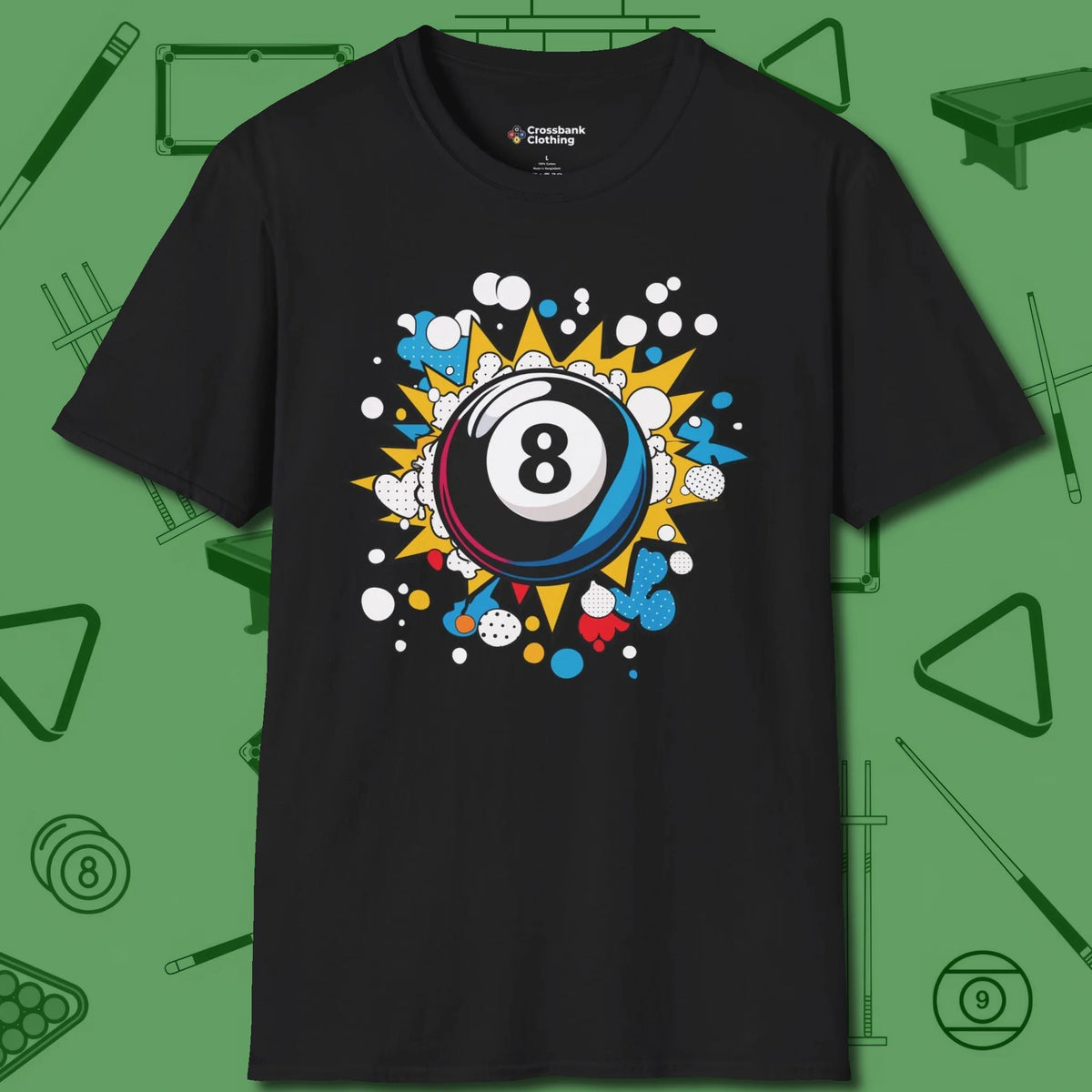 Eight Ball Pop Art T-Shirt, front view, in Black cue sports swagger done right