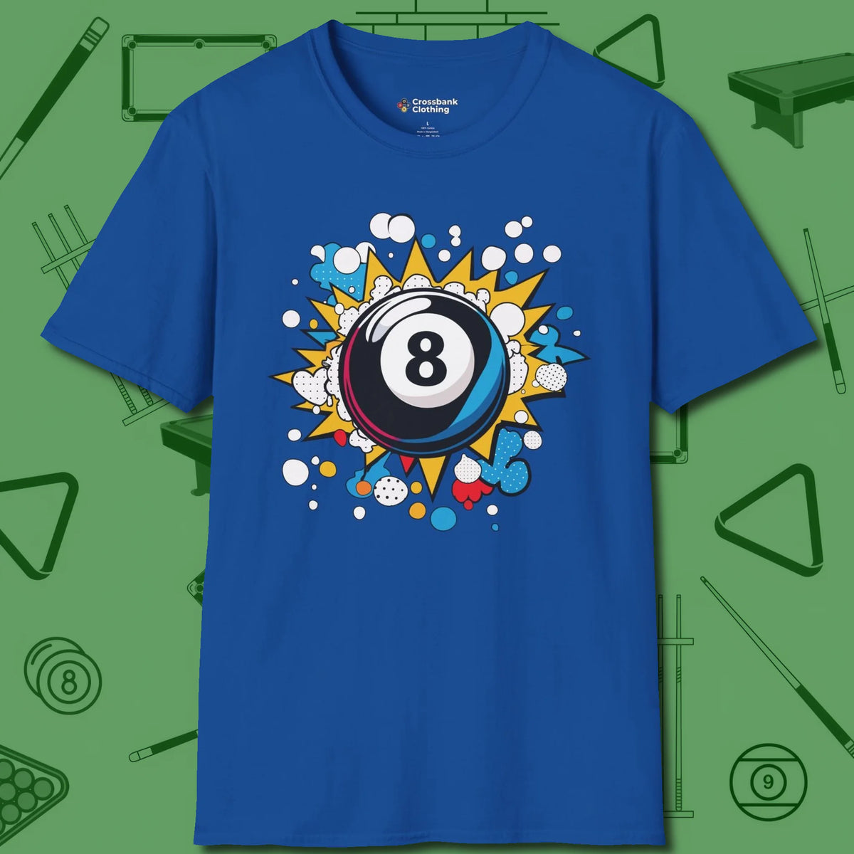 Eight Ball Pop Art T-Shirt, front view, in Royal put your best game on display