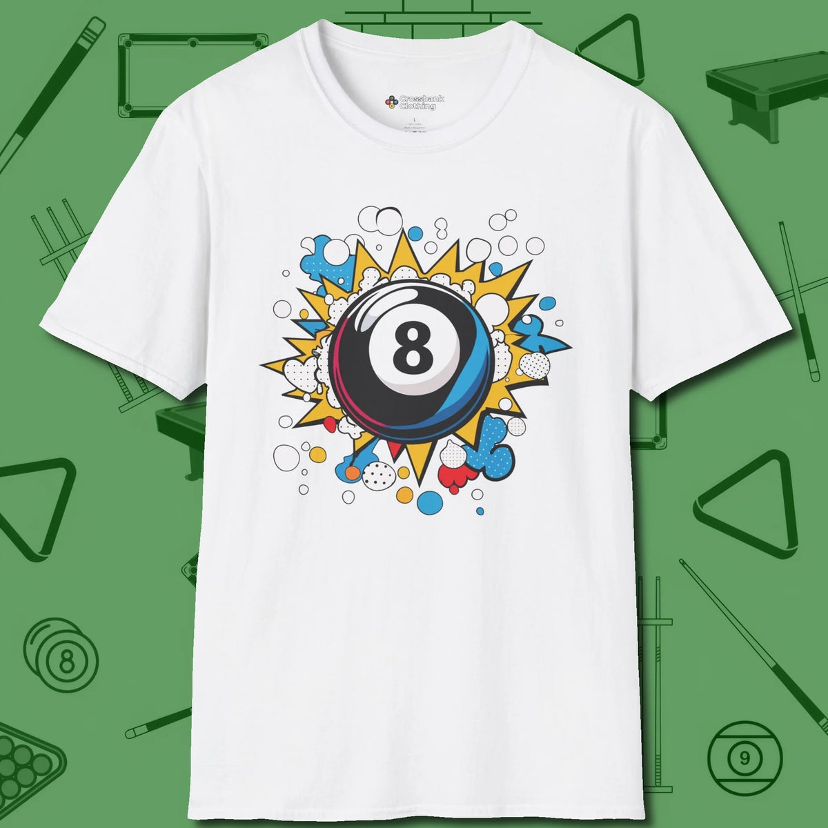 Eight Ball Pop Art T-Shirt, front view, in White where cue control meets personal style