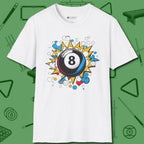 Eight Ball Pop Art T-Shirt, front view, in White where cue control meets personal style
