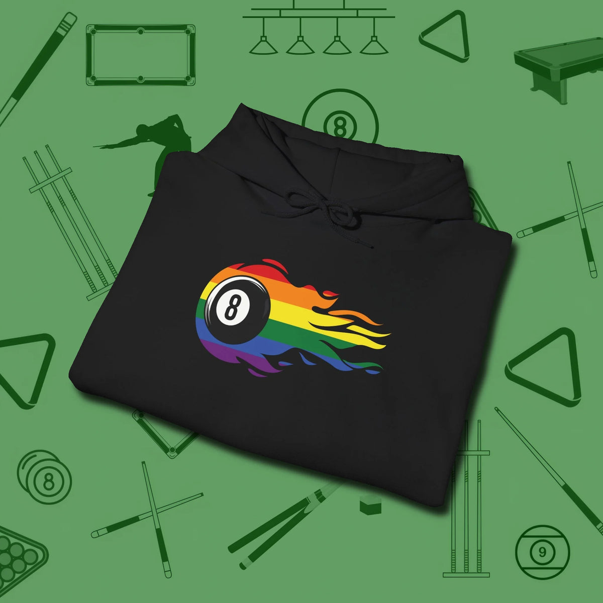 Eight Ball Rainbow Fire Hoodie, folded view, in Black tough like your favorite break cue