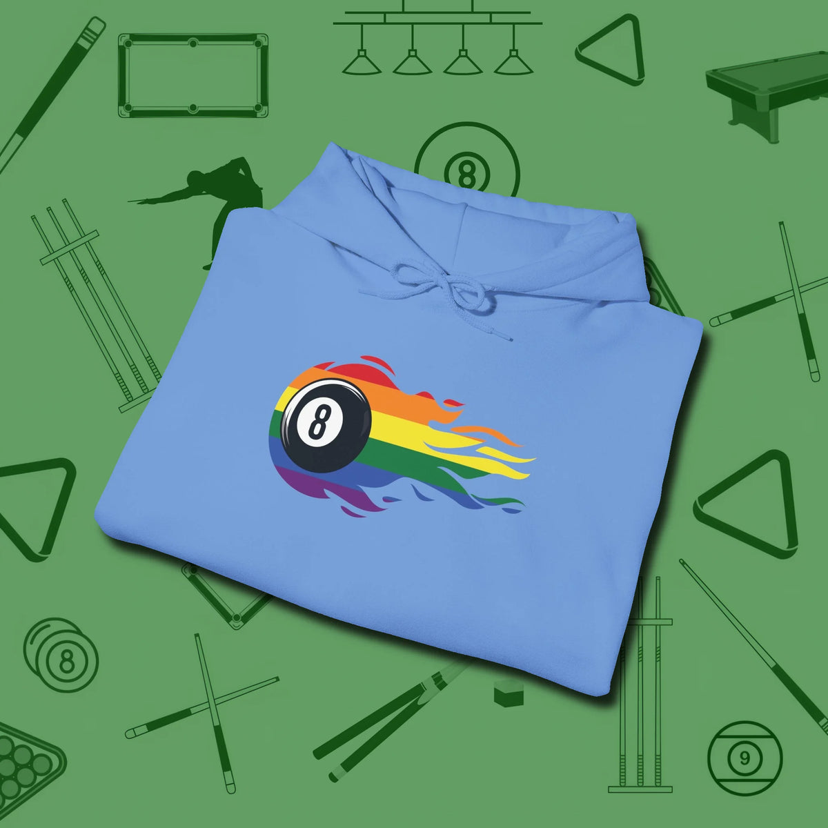 Eight Ball Rainbow Fire Hoodie, folded view, in Carolina Blue designed for dead stroke and deadpan looks