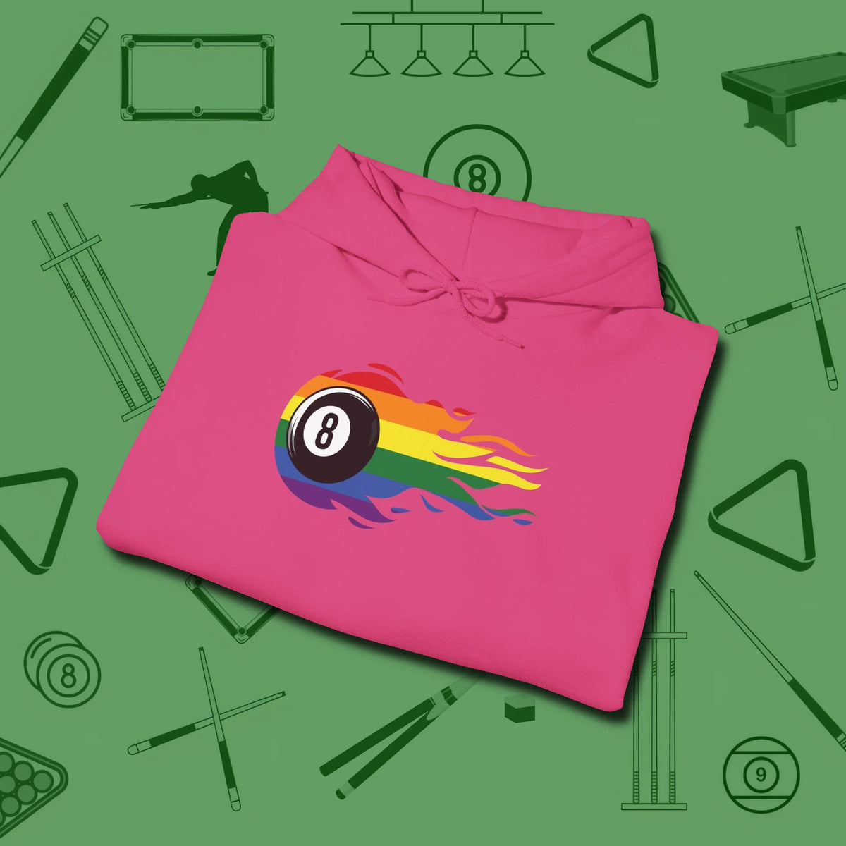 Eight Ball Rainbow Fire Hoodie, folded view, in Heliconia like your stroke — smooth and deliberate