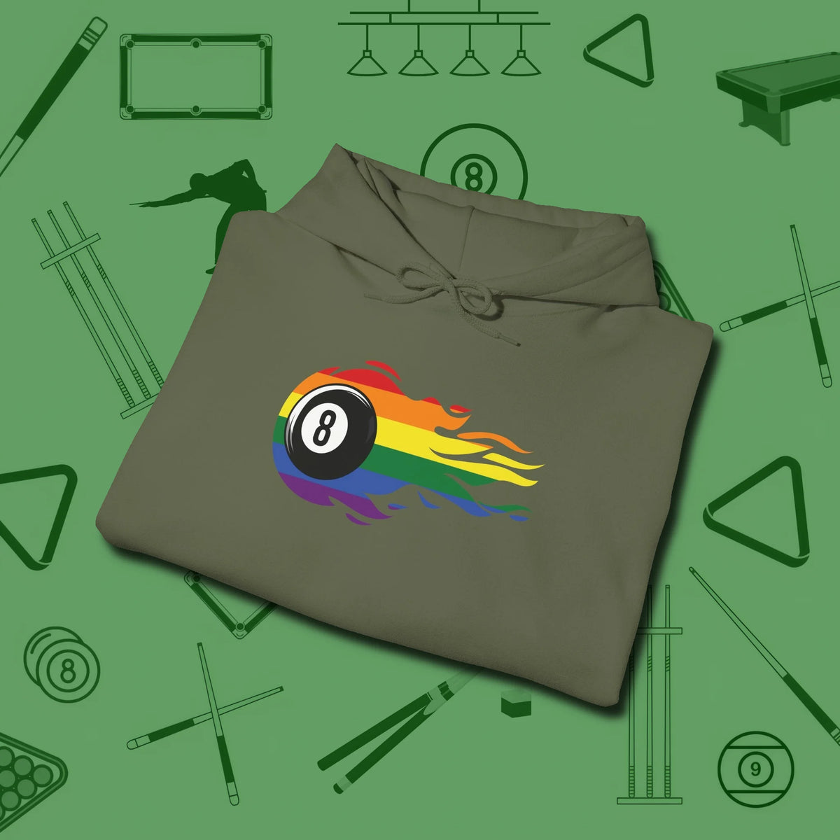 Eight Ball Rainbow Fire Hoodie, folded view, in Military Green smart apparel for strategic players