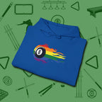 Eight Ball Rainbow Fire Hoodie, folded view, in Royal where cue control meets personal style