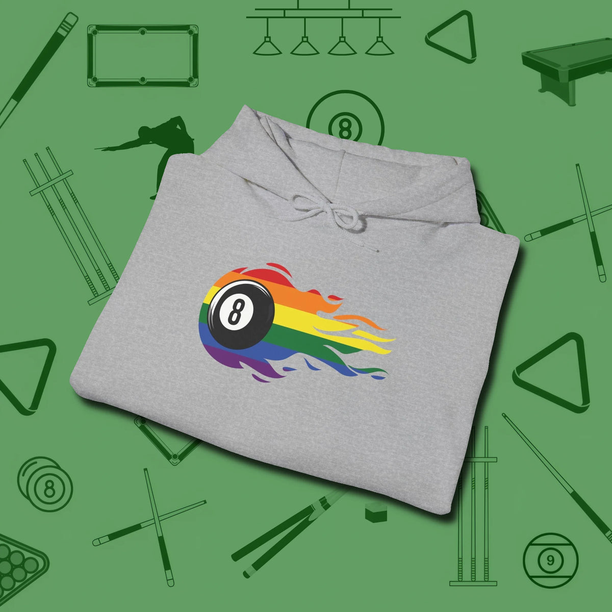 Eight Ball Rainbow Fire Hoodie, folded view, in Sport Grey like your stroke — smooth and deliberate