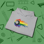 Eight Ball Rainbow Fire Hoodie, folded view, in Sport Grey like your stroke — smooth and deliberate