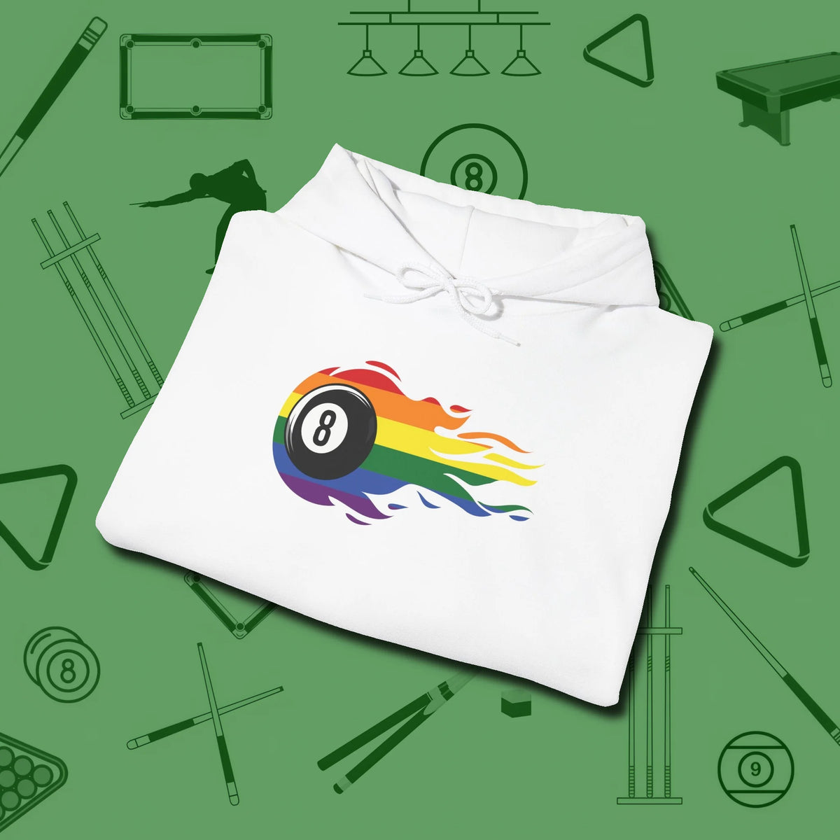 Eight Ball Rainbow Fire Hoodie, folded view, in White put your best game on display
