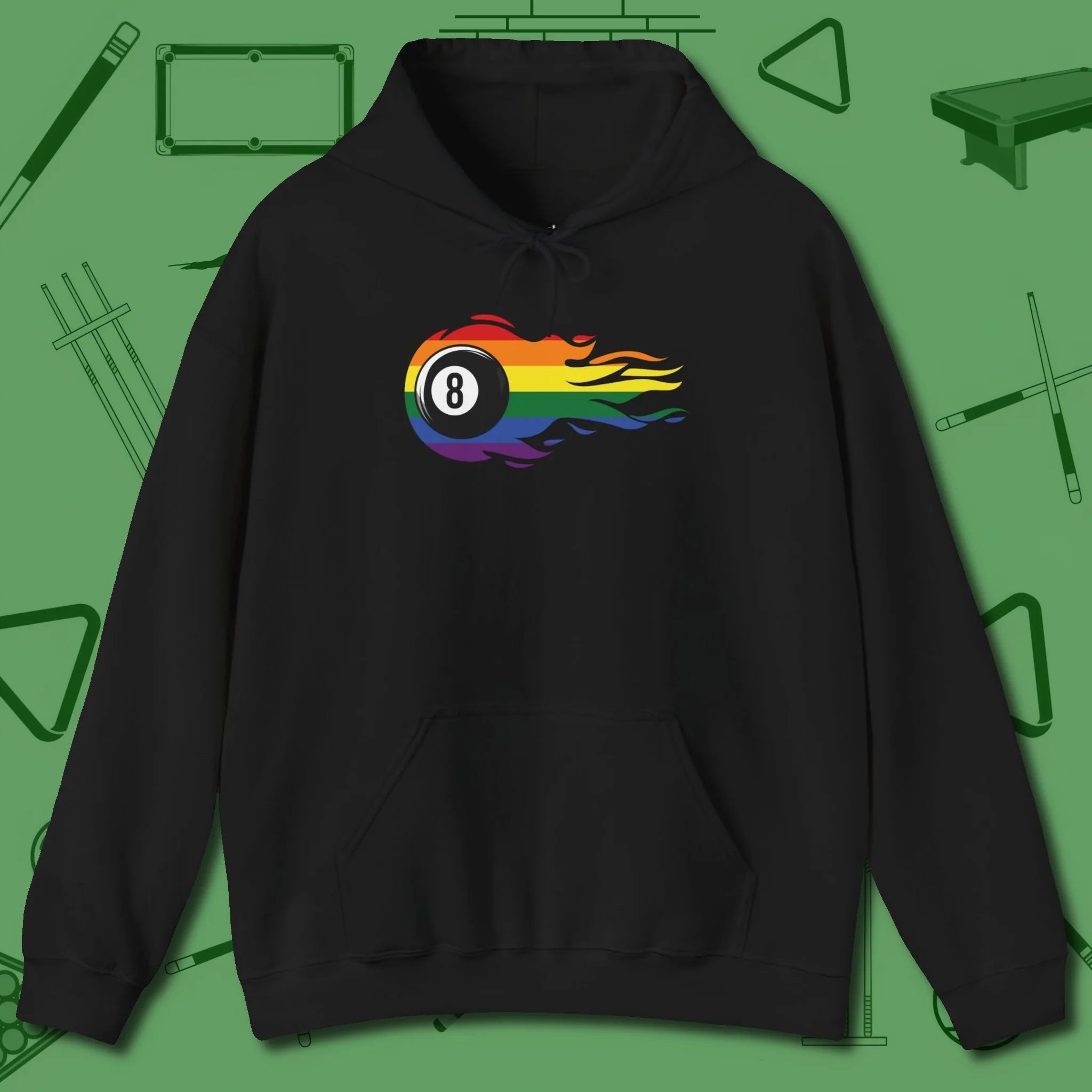 Eight Ball Rainbow Fire Hoodie, front view, in Black helps your stroke and your style