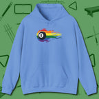 Eight Ball Rainbow Fire Hoodie, front view, in Carolina Blue helps your stroke and your style