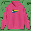 Eight Ball Rainbow Fire Hoodie, front view, in Heliconia clean lines for dirty minds
