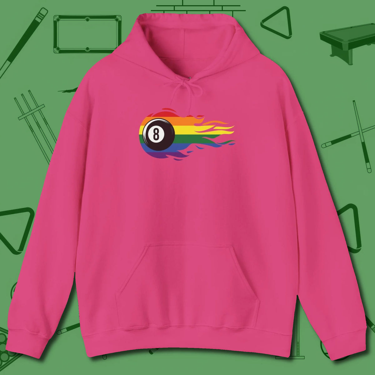 Eight Ball Rainbow Fire Hoodie, front view, in Heliconia clean lines for dirty minds
