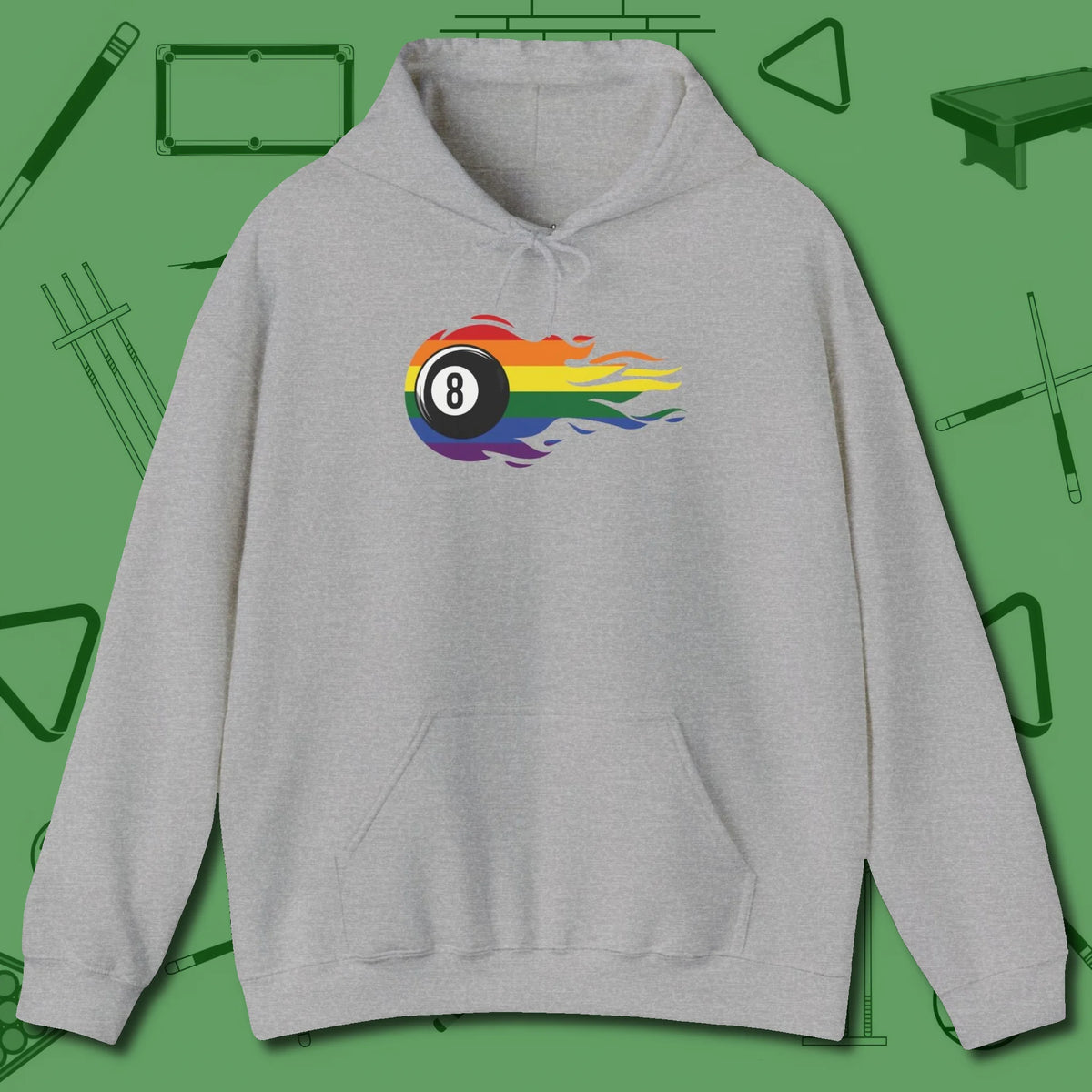 Eight Ball Rainbow Fire Hoodie, front view, in Sport Grey subtle drip for serious shooters