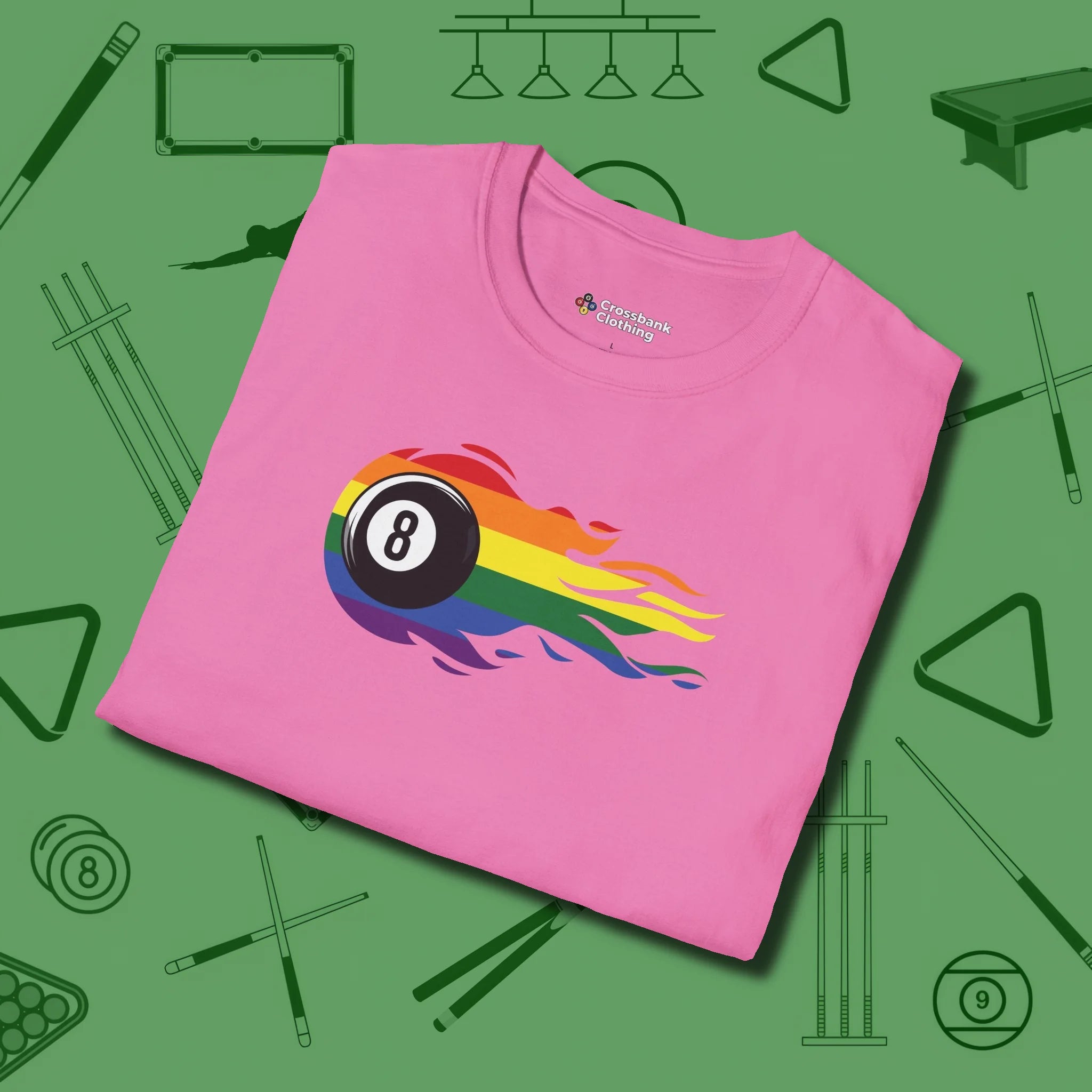 Eight Ball Rainbow Fire T-Shirt, folded view, in Azalea put your best game on display