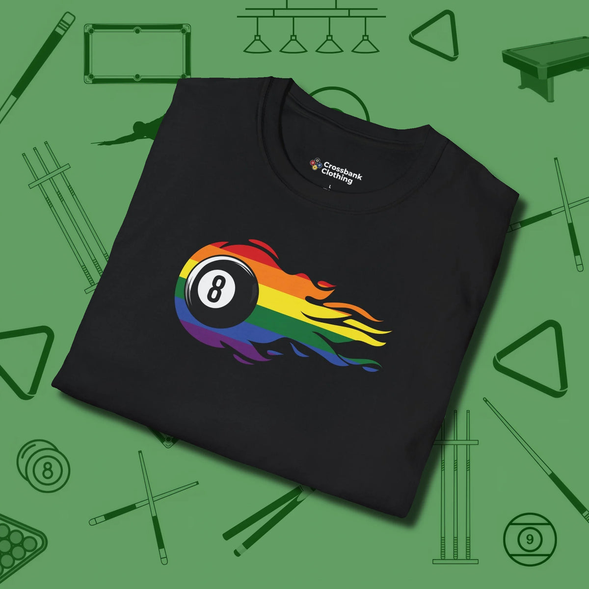 Eight Ball Rainbow Fire T-Shirt, folded view, in Black not your average 8-ball graphic tee