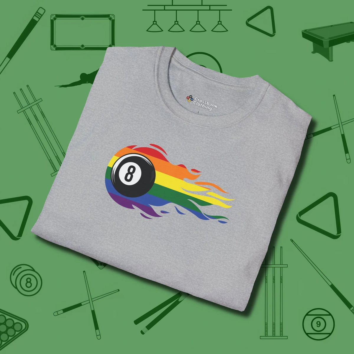 Eight Ball Rainbow Fire T-Shirt, folded view, in Sport Grey fashion with break-and-run energy