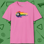 Eight Ball Rainbow Fire T-Shirt, front view, in Azalea table-tested, street-approved style