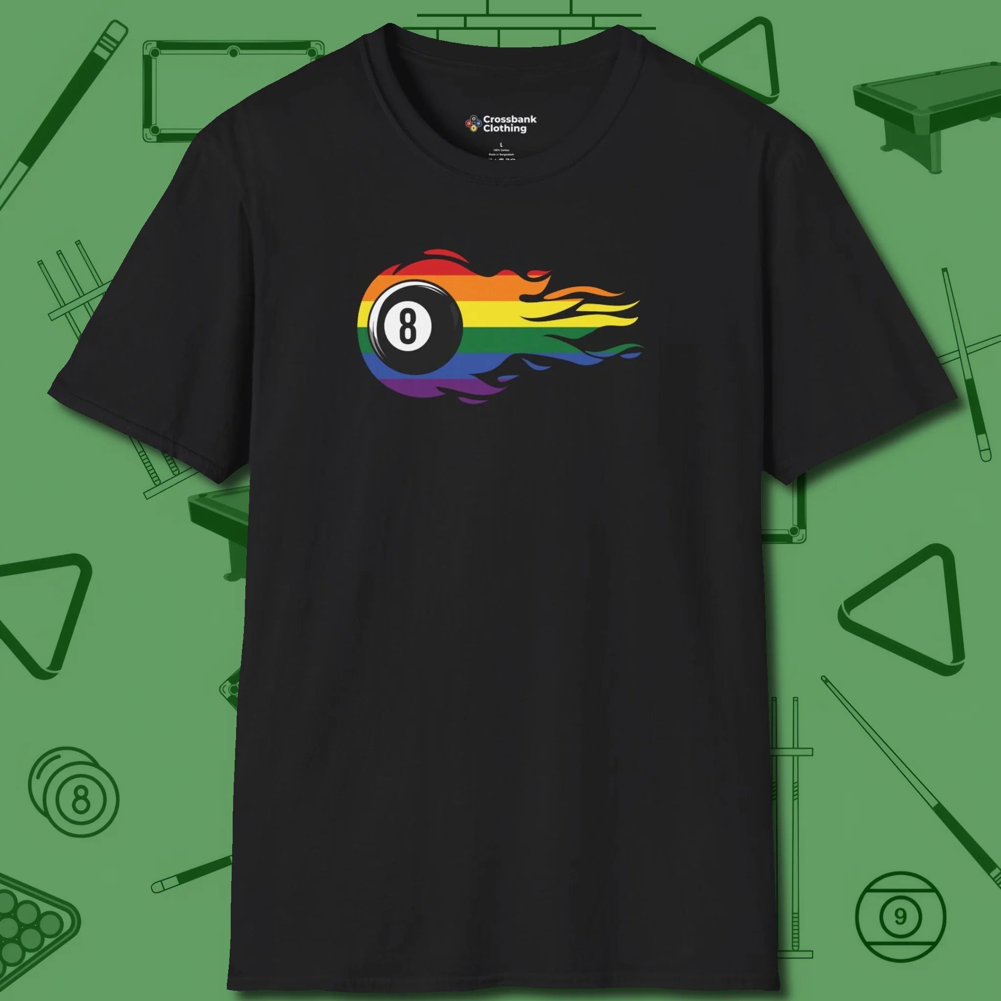 Eight Ball Rainbow Fire T-Shirt, front view, in Black it’s not a hobby — it’s a lifestyle