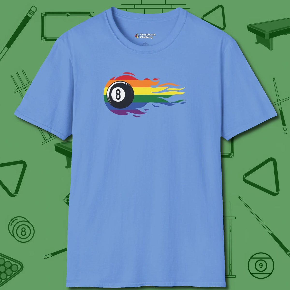 Eight Ball Rainbow Fire T-Shirt, front view, in Carolina Blue stitched for cue discipline and cool confidence