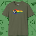 Eight Ball Rainbow Fire T-Shirt, front view, in Military Green designed for dead stroke and deadpan looks