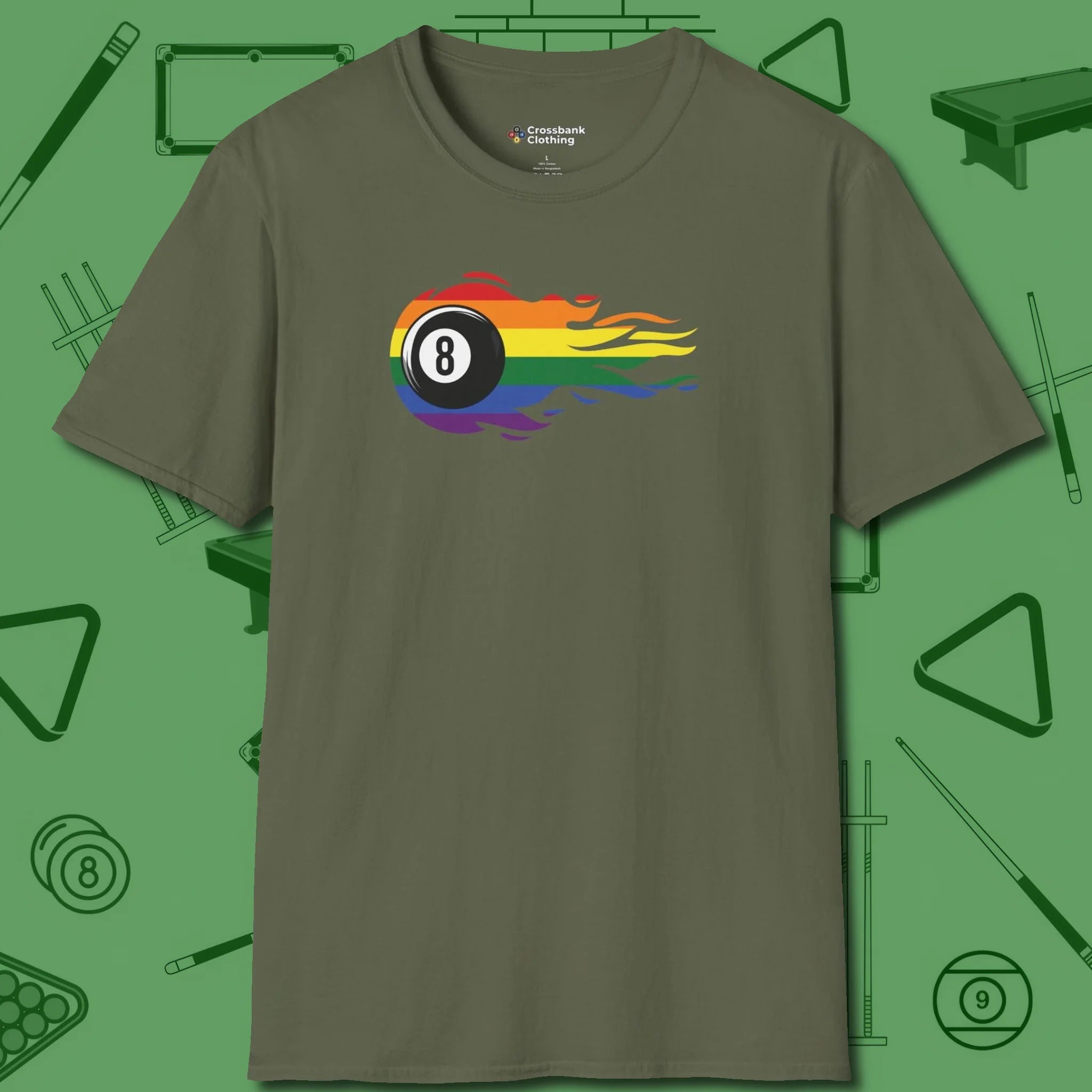 Eight Ball Rainbow Fire T-Shirt, front view, in Military Green designed for dead stroke and deadpan looks