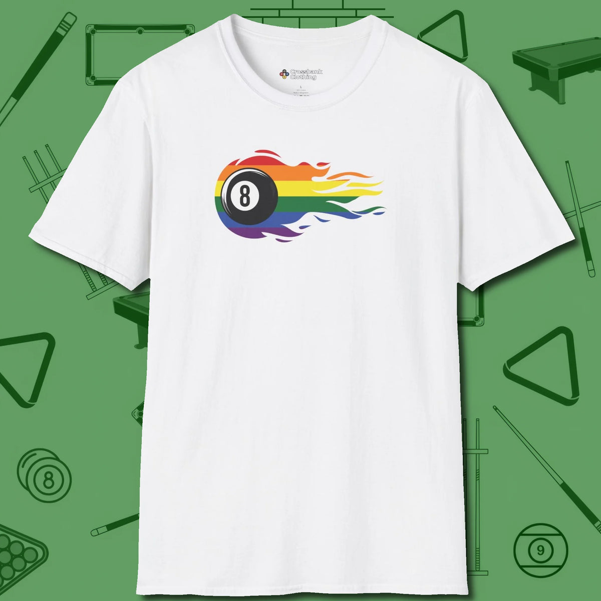 Eight Ball Rainbow Fire T-Shirt, front view, in White stitched for cue discipline and cool confidence