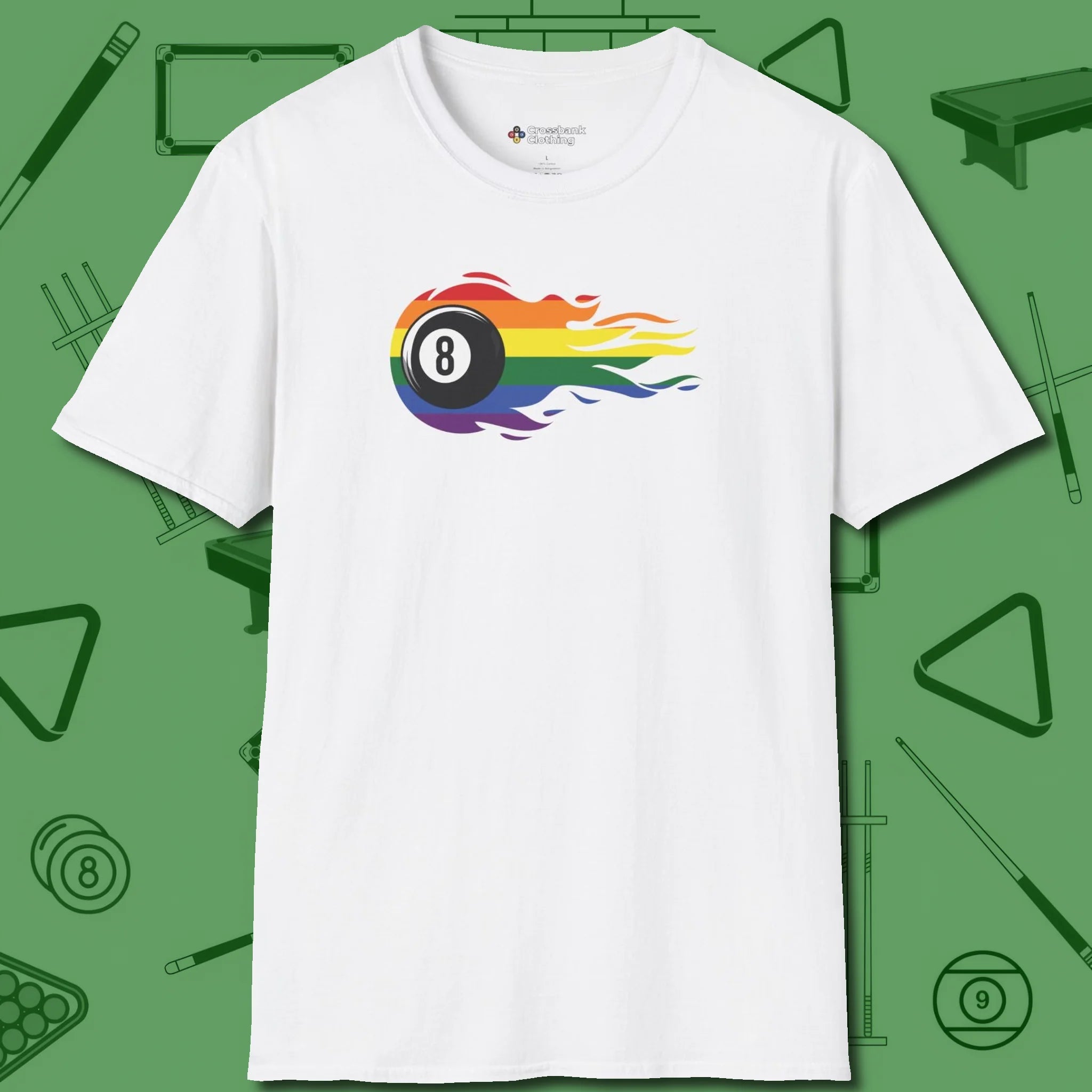 Eight Ball Rainbow Fire T-Shirt, front view, in White stitched for cue discipline and cool confidence
