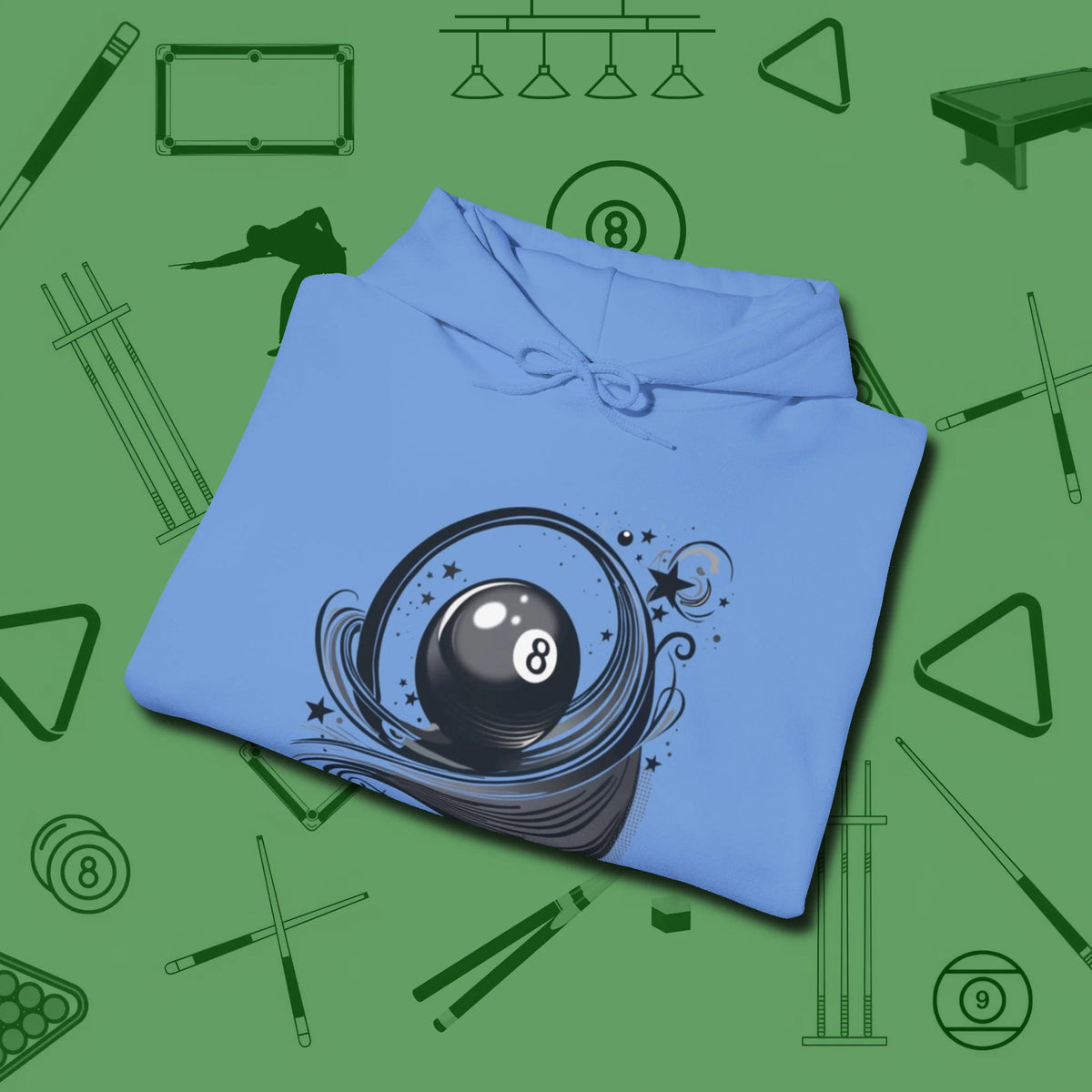 Eight Ball Ribbons & Stars Hoodie, folded view, in Carolina Blue ideal for clean hits and clean fits