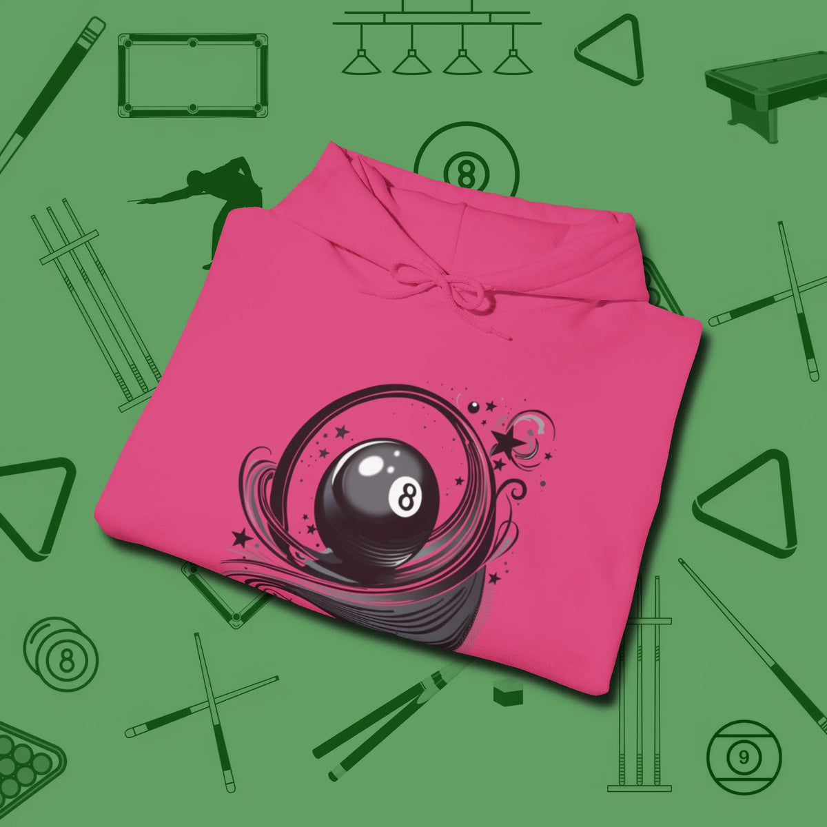 Eight Ball Ribbons & Stars Hoodie, folded view, in Heliconia cool under pressure, hot on the eyes