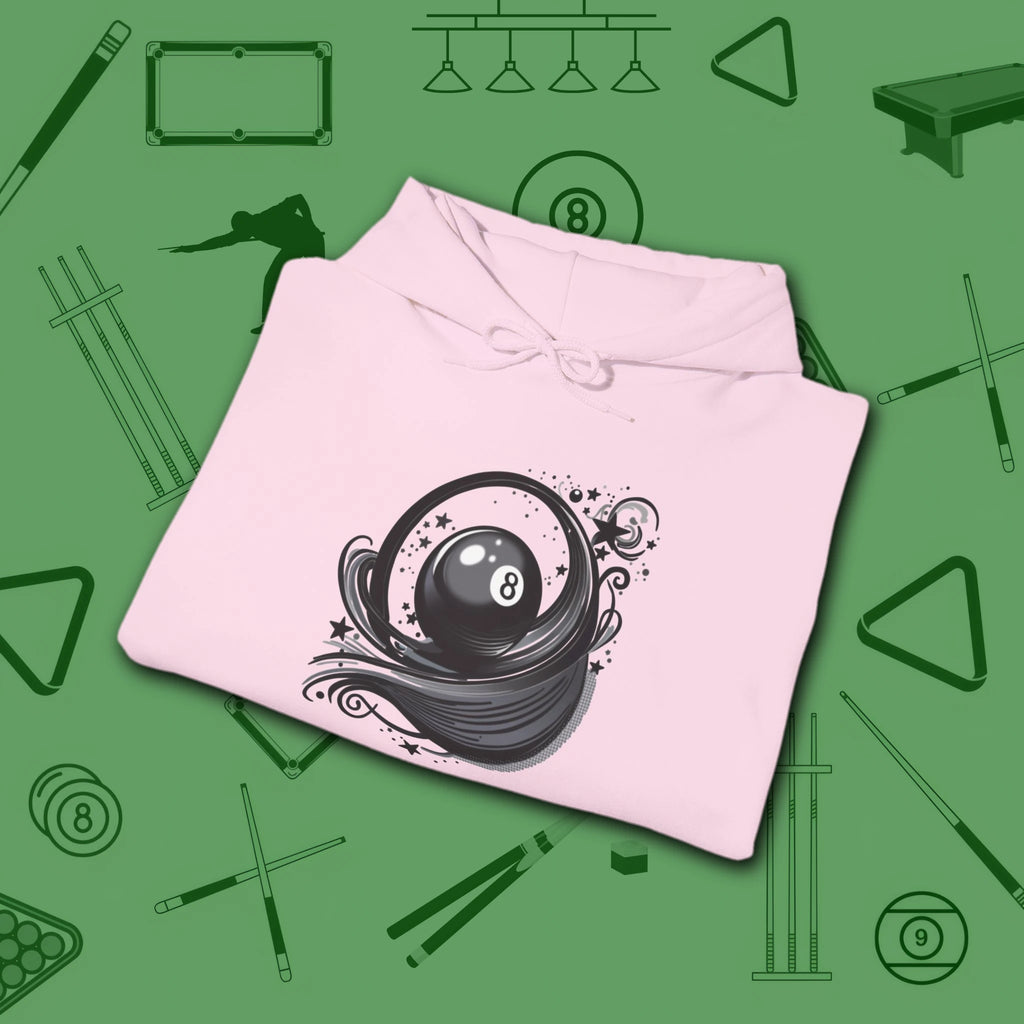 Eight Ball Ribbons & Stars Hoodie, in Light Pink color, billiards hoodie, folded view