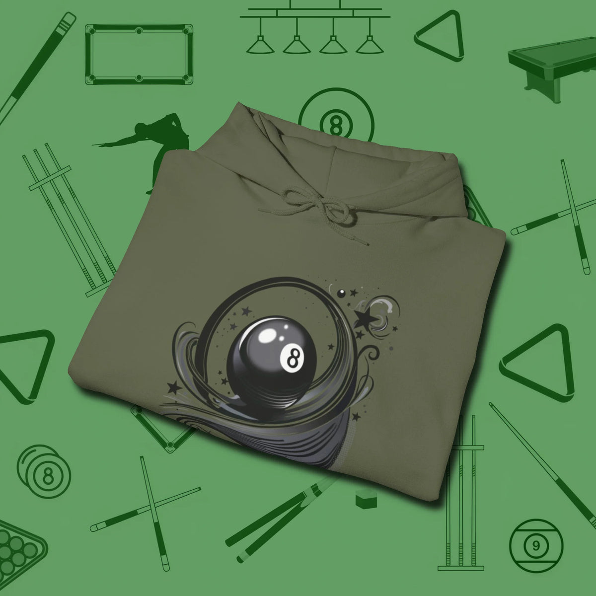 Eight Ball Ribbons & Stars Hoodie, folded view, in Military Green strike fear with swagger and precision