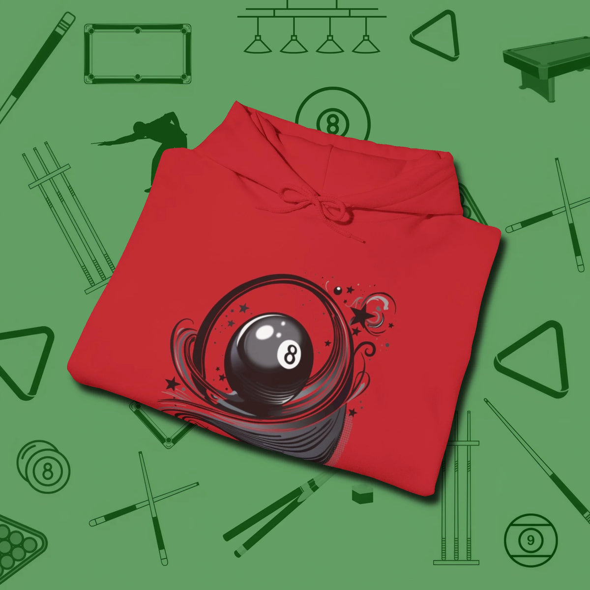 Eight Ball Ribbons & Stars Hoodie, folded view, in Red strike fear with swagger and precision