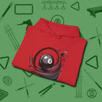 Eight Ball Ribbons & Stars Hoodie, folded view, in Red strike fear with swagger and precision