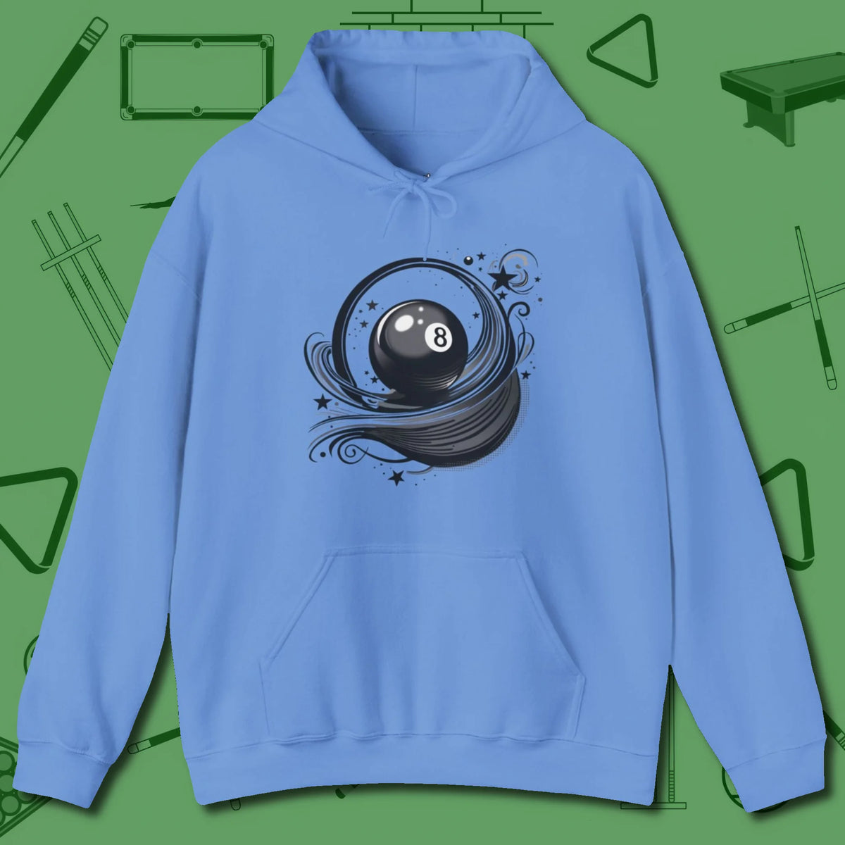 Eight Ball Ribbons & Stars Hoodie, front view, in Carolina Blue because pool isn’t just a game — it’s who you are
