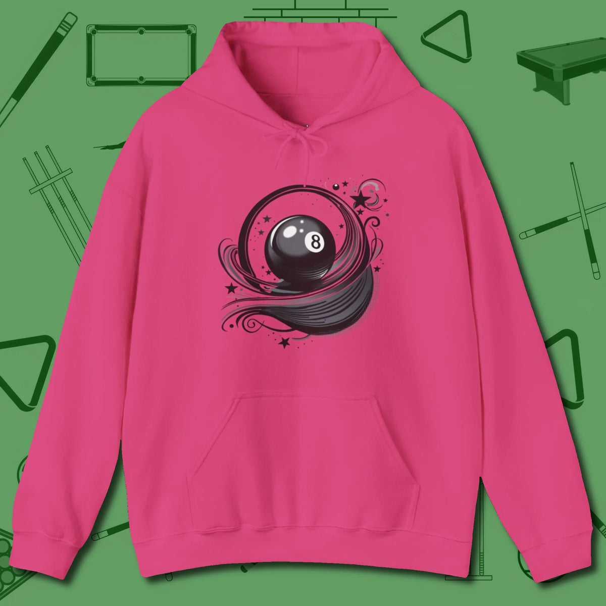 Eight Ball Ribbons & Stars Hoodie, front view, in Heliconia what the real shooters wear