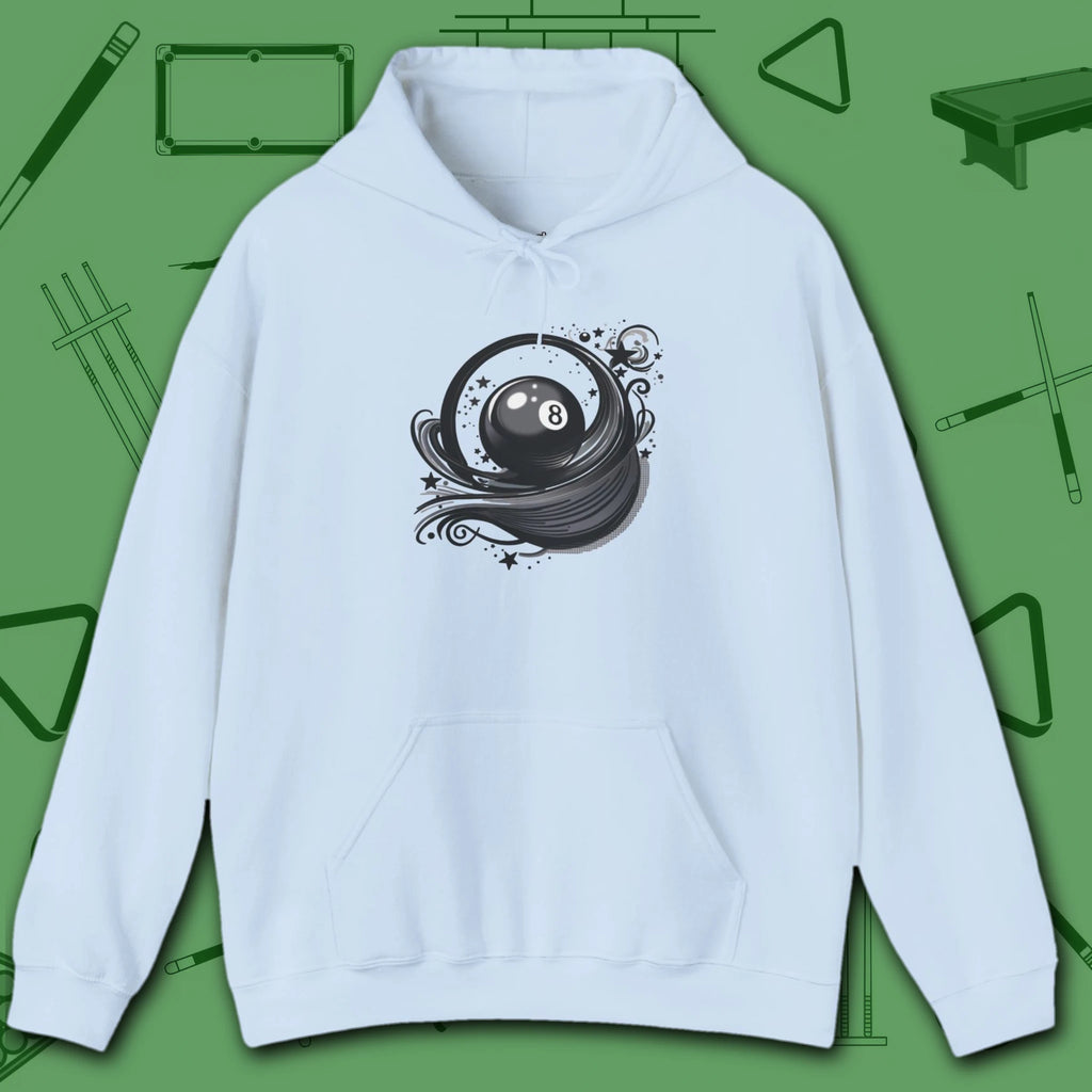 Eight Ball Ribbons & Stars Hoodie, in Light Blue color, billiards hoodie, front view