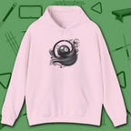 Eight Ball Ribbons & Stars Hoodie, in Light Pink color, billiards hoodie, front view