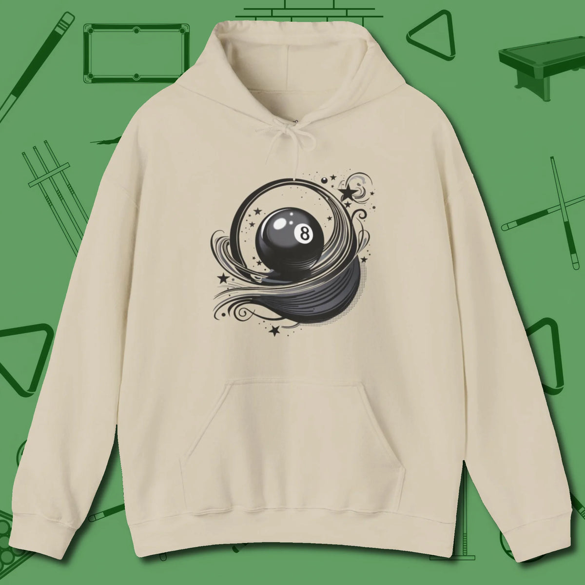 Eight Ball Ribbons & Stars Hoodie, front view, in Sand classic cue style, no gimmicks