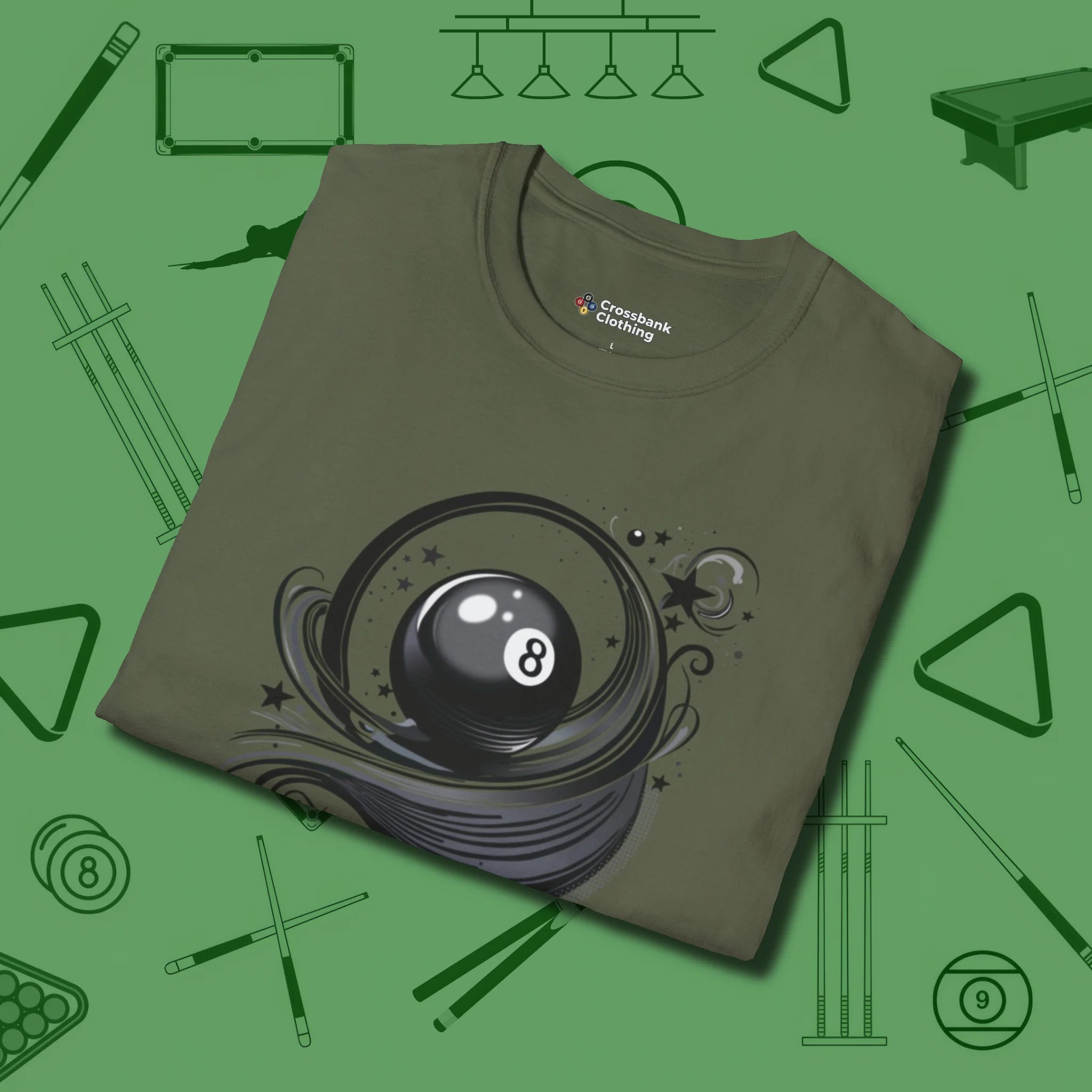 Eight Ball Ribbons & Stars T-Shirt, folded view, in Military Green where cue control meets personal style
