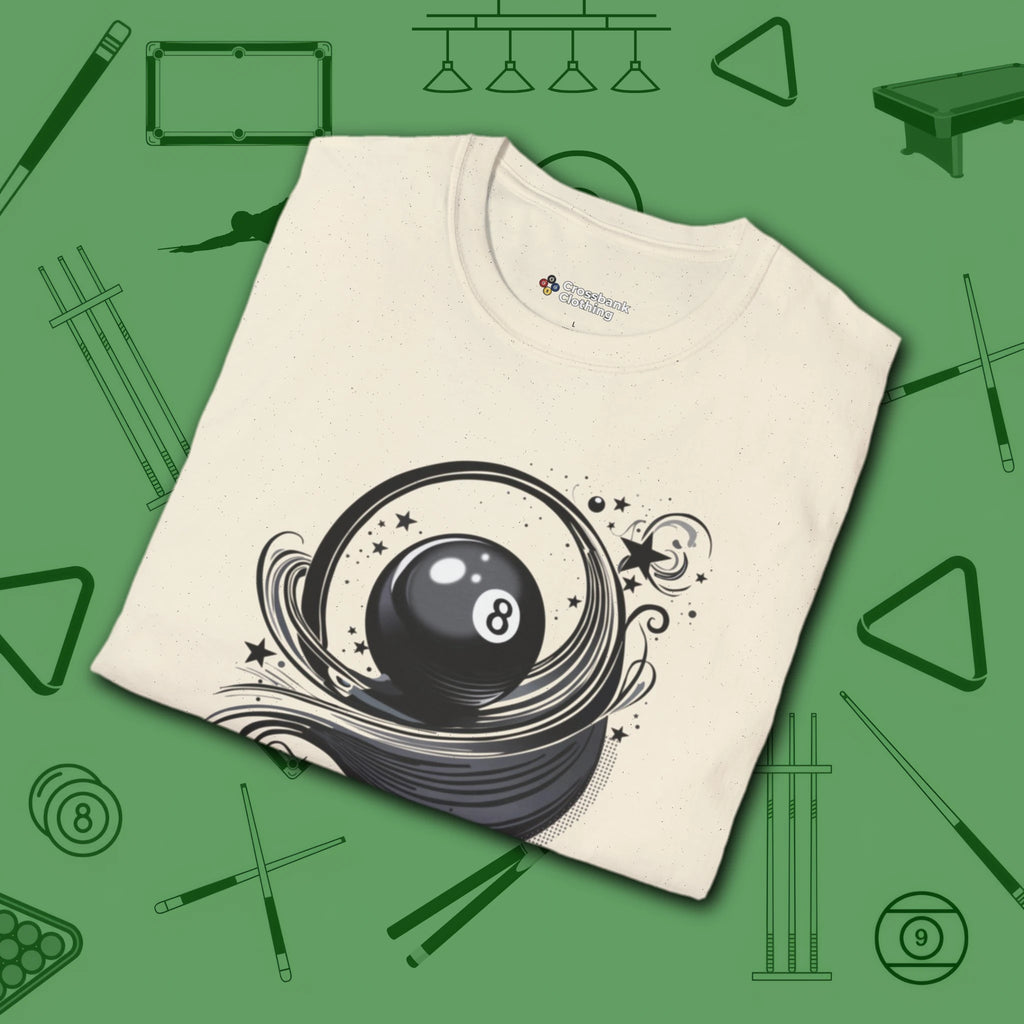 Eight Ball Ribbons & Stars T-Shirt, in Natural color, billiards shirt, folded view