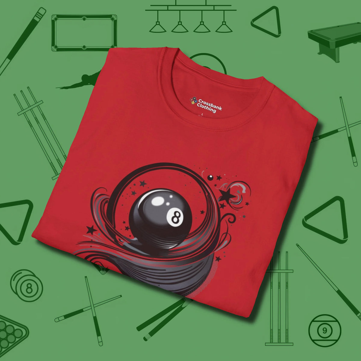 Eight Ball Ribbons & Stars T-Shirt, folded view, in Red stitched for cue discipline and cool confidence