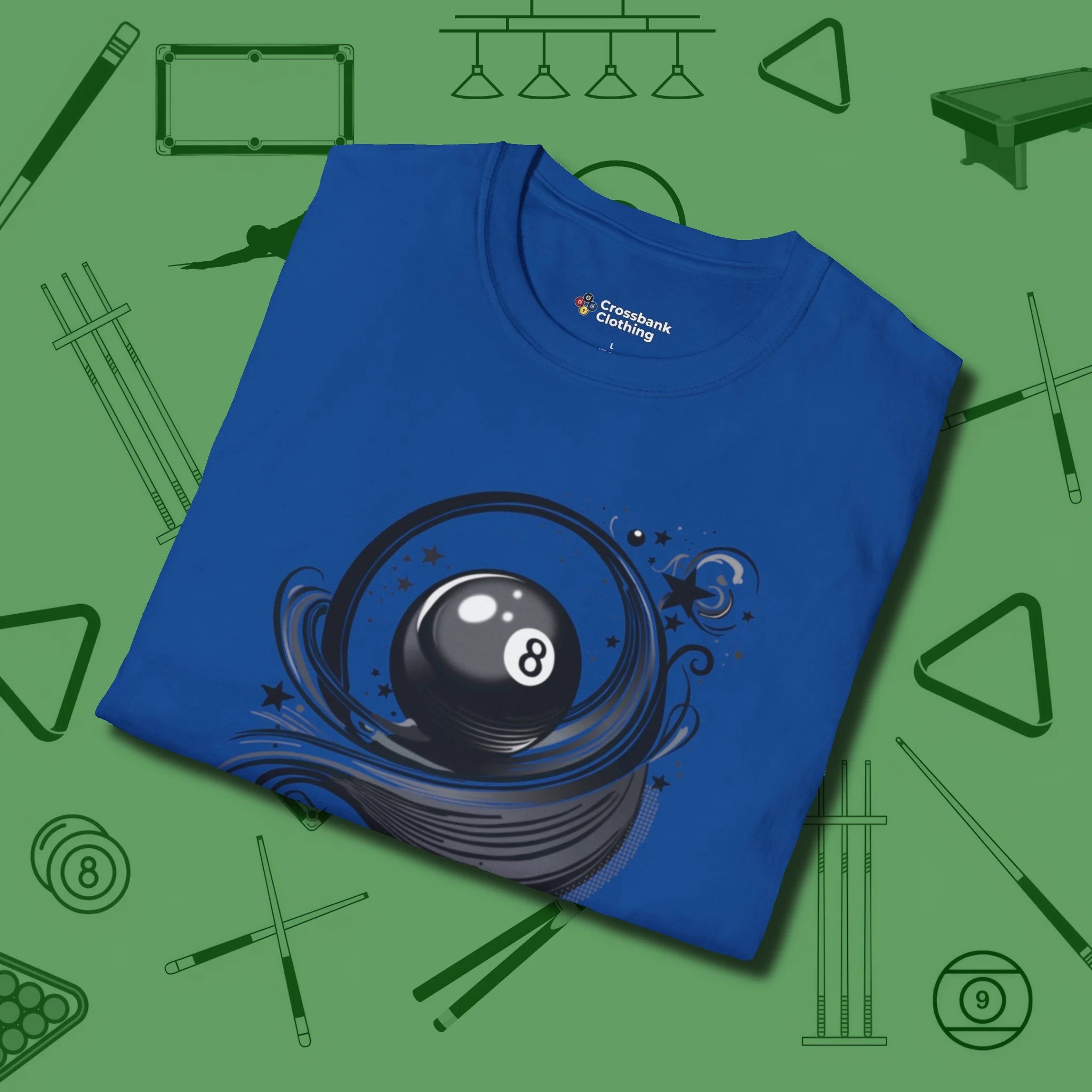 Eight Ball Ribbons & Stars T-Shirt, folded view, in Royal what champions wear between racks