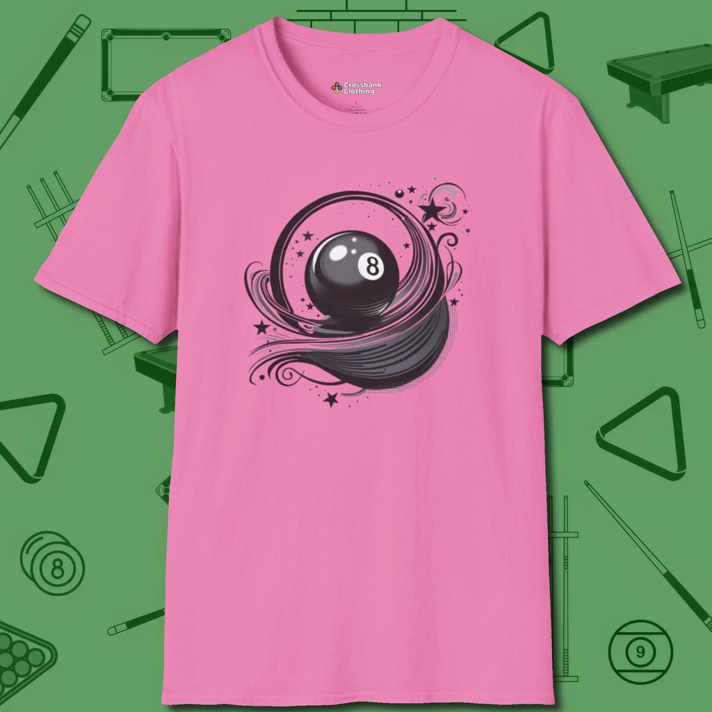 Eight Ball Ribbons & Stars T-Shirt, front view, in Azalea clean lines for dirty minds