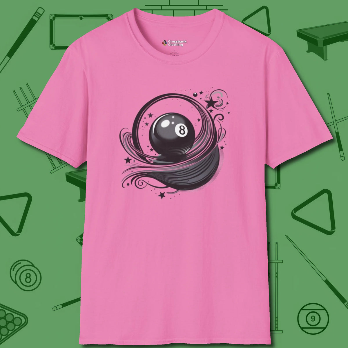 Eight Ball Ribbons & Stars T-Shirt, front view, in Azalea clean lines for dirty minds