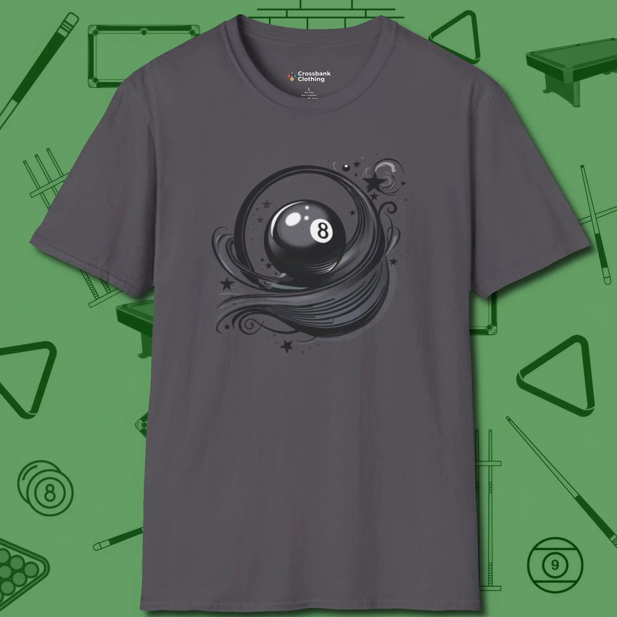 Eight Ball Ribbons & Stars T-Shirt, front view, in Charcoal perfect for players with quiet fire